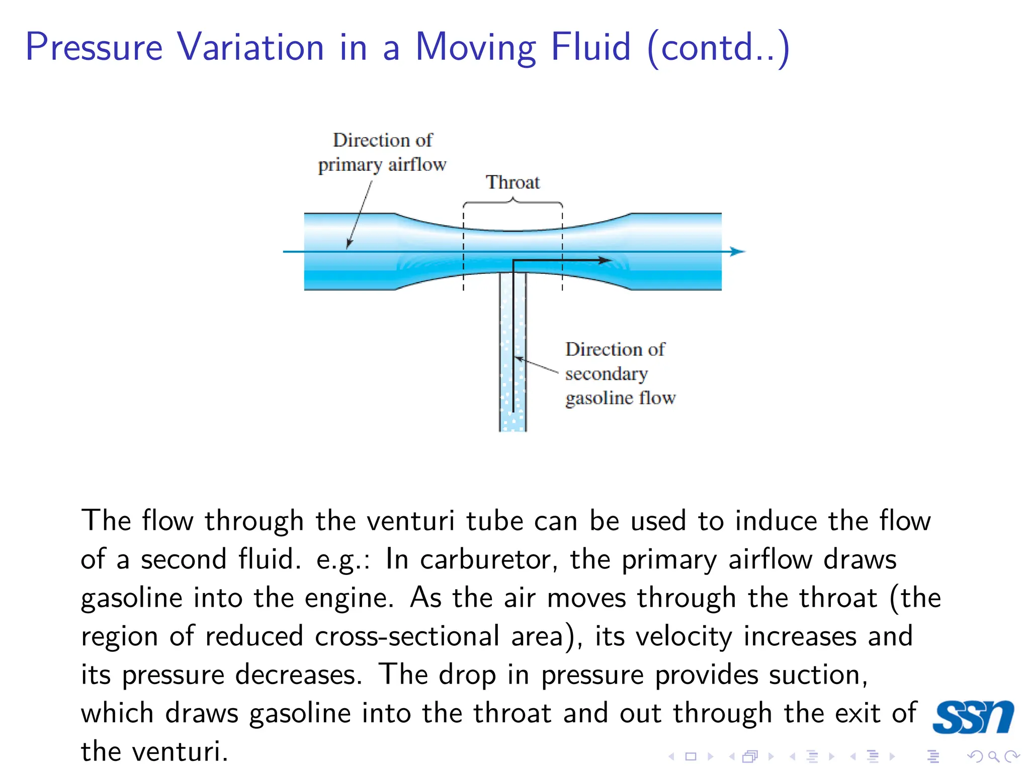 Pressure Variation in a Moving Fluid (contd..)
The flow through the venturi tube can be used to induce the flow
of a second fluid. e.g.: In carburetor, the primary airflow draws
gasoline into the engine. As the air moves through the throat (the
region of reduced cross-sectional area), its velocity increases and
its pressure decreases. The drop in pressure provides suction,
which draws gasoline into the throat and out through the exit of
the venturi.
 