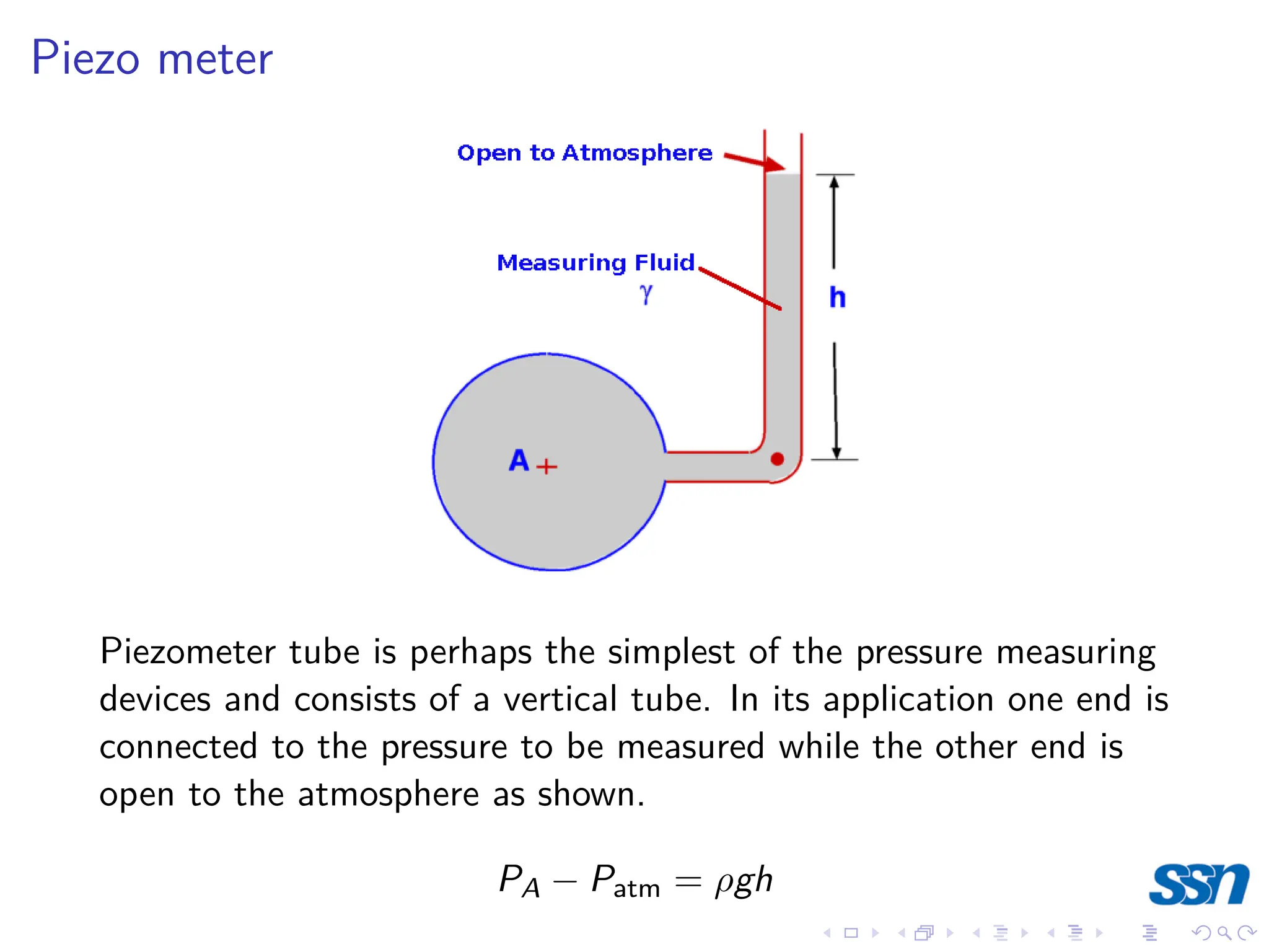 Piezo meter
Piezometer tube is perhaps the simplest of the pressure measuring
devices and consists of a vertical tube. In its application one end is
connected to the pressure to be measured while the other end is
open to the atmosphere as shown.
PA − Patm = ρgh
 