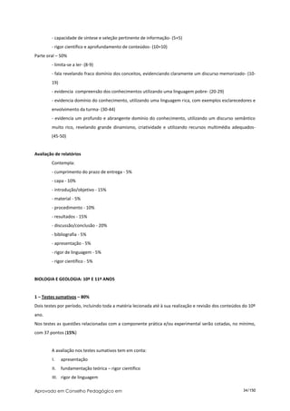- capacidade de síntese e seleção pertinente de informação- (5+5)
        - rigor científico e aprofundamento de conteúdos- (10+10)
Parte oral – 50%
        - limita-se a ler- (8-9)
        - fala revelando fraco domínio dos conceitos, evidenciando claramente um discurso memorizado- (10-
        19)
        - evidencia compreensão dos conhecimentos utilizando uma linguagem pobre- (20-29)
        - evidencia domínio do conhecimento, utilizando uma linguagem rica, com exemplos esclarecedores e
        envolvimento da turma- (30-44)
        - evidencia um profundo e abrangente domínio do conhecimento, utilizando um discurso semântico
        muito rico, revelando grande dinamismo, criatividade e utilizando recursos multimédia adequados-
        (45-50)


Avaliação de relatórios
        Contempla:
        - cumprimento do prazo de entrega - 5%
        - capa - 10%
        - introdução/objetivo - 15%
        - material - 5%
        - procedimento - 10%
        - resultados - 15%
        - discussão/conclusão - 20%
        - bibliografia - 5%
        - apresentação - 5%
        - rigor de linguagem - 5%
        - rigor científico - 5%


BIOLOGIA E GEOLOGIA: 10º E 11º ANOS


1 – Testes sumativos – 80%
Dois testes por período, incluindo toda a matéria lecionada até à sua realização e revisão dos conteúdos do 10º
ano.
Nos testes as questões relacionadas com a componente prática e/ou experimental serão cotadas, no mínimo,
com 37 pontos (15%)


        A avaliação nos testes sumativos tem em conta:
        I.    apresentação
        II.   fundamentação teórica – rigor científico
        III. rigor de linguagem

Aprovado em Conselho Pedagógico em                                                                      34/150
 
