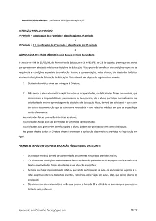 Domínio Sócio-Afetivo - coeficiente 30% (ponderação 1,5)


AVALIAÇÃO FINAL DE PERÍODO
2º Período = classificação do 1º período + classificação do 2º período
                                                      2
3º Período = 2 X classificação do 2º período + classificação do 3º período
                                                     3
ALUNOS COM ATESTADO MÉDICO: Ensino Básico e Ensino Secundário


A circular n.º 98 de 25/05/99, do Ministério da Educação e DL nº319/91 de 23 de agosto, prevê que os alunos
que apresentem atestado médico na disciplina de Educação Física poderão beneficiar de condições especiais de
frequência e condições especiais de avaliação. Assim, a apresentação, pelos alunos, de Atestados Médicos
relativos à disciplina de Educação de Educação Física deverá ser objeto do seguinte tratamento:

    1.   O Atestado médico deve ser entregue à Diretora;


    2.   Não sendo o atestado médico explícito sobre as incapacidades, ou deficiências físicas ou mentais, que
         determinam a impossibilidade, permanente ou temporária, de o aluno participar normalmente nas
         atividades de ensino-aprendizagem da disciplina de Educação Física, deverá ser solicitado – para além
         de outra documentação que se considere necessária – um relatório médico em que se especifique
         muito claramente:
    As atividades físicas que estão interditas ao aluno;
    As atividades físicas que são permitidas de um modo condicionado;
    As atividades que, por serem benéficas para o aluno, podem ser praticadas sem contra indicação.
    Na posse destes dados a Diretora deverá promover a aplicação das medidas previstas na legislação em
vigor.


PERANTE O EXPOSTO O GRUPO DE EDUCAÇÃO FÍSICA DECIDIU O SEGUINTE:


    -    O atestado médico deverá ser apresentado anualmente nos prazos previstos na lei;
    -    Os alunos nas condições anteriormente descritas deverão permanecer no espaço da aula e realizar as
         tarefas ou atividades físicas adaptadas à sua situação específica;
    -    Sempre que haja impossibilidade total ou parcial de participação na aula, os alunos serão sujeitos a ta-
         refas cognitivas (testes, trabalhos escritos, relatórios, observação de aulas, etc), que serão objeto de
         avaliação;
    -    Os alunos com atestado médico terão que possuir o livro de EF e utilizá-lo na aula sempre que seja so-
         licitado pelo professor.




Aprovado em Conselho Pedagógico em                                                                        46/150
 