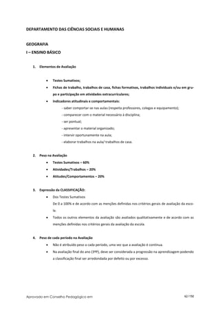 DEPARTAMENTO DAS CIÊNCIAS SOCIAIS E HUMANAS


GEOGRAFIA
I – ENSINO BÁSICO


   1.   Elementos de Avaliação


               Testes Sumativos;
               Fichas de trabalho, trabalhos de casa, fichas formativas, trabalhos individuais e/ou em gru-
                po e participação em atividades extracurriculares;
               Indicadores atitudinais e comportamentais:
                      - saber comportar-se nas aulas (respeita professores, colegas e equipamento);
                      - comparecer com o material necessário à disciplina;
                      - ser pontual;
                      - apresentar o material organizado;
                      - intervir oportunamente na aula;
                      - elaborar trabalhos na aula/ trabalhos de casa.


   2.   Peso na Avaliação
               Testes Sumativos – 60%
               Atividades/Trabalhos – 20%
               Atitudes/Comportamentos – 20%


   3.   Expressão da CLASSIFICAÇÃO:
               Dos Testes Sumativos
                De 0 a 100% e de acordo com as menções definidas nos critérios gerais de avaliação da esco-
                la.
               Todos os outros elementos da avaliação são avaliados qualitativamente e de acordo com as
                menções definidas nos critérios gerais da avaliação da escola.


   4.   Peso de cada período na Avaliação
               Não é atribuído peso a cada período, uma vez que a avaliação é contínua.
               Na avaliação final do ano (3ºP), deve ser considerada a progressão na aprendizagem podendo
                a classificação final ser arredondada por defeito ou por excesso.




Aprovado em Conselho Pedagógico em                                                                    62/150
 