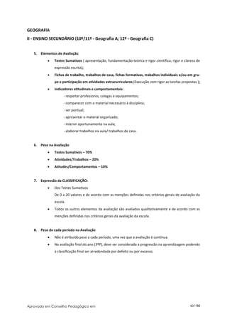 GEOGRAFIA
II - ENSINO SECUNDÁRIO (10º/11º - Geografia A; 12º - Geografia C)


   5.   Elementos de Avaliação
               Testes Sumativos ( apresentação, fundamentação teórica e rigor científico, rigor e clareza de
                expressão escrita);
               Fichas de trabalho, trabalhos de casa, fichas formativas, trabalhos individuais e/ou em gru-
                po e participação em atividades extracurriculares (Execução com rigor as tarefas propostas );
               Indicadores atitudinais e comportamentais:
                      - respeitar professores, colegas e equipamentos;
                      - comparecer com o material necessário à disciplina;
                      - ser pontual;
                      - apresentar o material organizado;
                      - intervir oportunamente na aula;
                      - elaborar trabalhos na aula/ trabalhos de casa.


   6.   Peso na Avaliação
               Testes Sumativos – 70%
               Atividades/Trabalhos – 20%
               Atitudes/Comportamentos – 10%


   7.   Expressão da CLASSIFICAÇÃO:
               Dos Testes Sumativos
                De 0 a 20 valores e de acordo com as menções definidas nos critérios gerais de avaliação da
                escola.
               Todos os outros elementos da avaliação são avaliados qualitativamente e de acordo com as
                menções definidas nos critérios gerais da avaliação da escola.


   8.   Peso de cada período na Avaliação
               Não é atribuído peso a cada período, uma vez que a avaliação é contínua.
               Na avaliação final do ano (3ºP), deve ser considerada a progressão na aprendizagem podendo
                a classificação final ser arredondada por defeito ou por excesso.




Aprovado em Conselho Pedagógico em                                                                    63/150
 