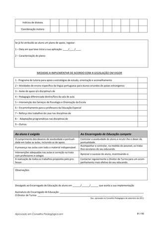 Indícios de dislexia

     Coordenação motora




Se já foi atribuído ao aluno um plano de apoio, registar:

1 – Data em que teve início a sua aplicação: ____/____/____

2 – Caracterização do plano:




                     MEDIDAS A IMPLEMENTAR DE ACORDO COM A LEGISLAÇÃO EM VIGOR

1 - Programa de tutoria para apoio a estratégias de estudo, orientação e aconselhamento

2 – Atividades de ensino específico da língua portuguesa para alunos oriundos de países estrangeiros

3 – Aulas de apoio à/s disciplina/s de

4 – Pedagogia diferenciada dentro/fora da sala de aula

5 – Intervenção dos Serviços de Psicologia e Orientação da Escola

6 – Encaminhamento para a professora da Educação Especial

7 – Reforço dos trabalhos de casa nas disciplinas de

8 – Adaptações programáticas nas disciplinas de

9 – Outras:


Ao aluno é exigido                                          Ao Encarregado de Educação compete
O cumprimento dos deveres de assiduidade e pontuali-        Controlar a assiduidade do aluno e incutir-lhe o dever da
dade em todas as aulas, incluindo as de apoio.              pontualidade.
                                                            Acompanhar e controlar, na medida do possível, os traba-
A presença nas aulas com todo o material indispensável.
                                                            lhos escolares do seu educando.
Intervenções adequadas nas aulas e correção no trato
                                                            Apreciar o sucesso do aluno, incentivando-o.
com professores e colegas
A realização de todos os trabalhos propostos pelo pro-      Contactar regularmente o Diretor de Turma para um acom-
fessor.                                                     panhamento mais efetivo do seu educando.

Observações:




Divulgado ao Encarregado de Educação do aluno em ______/______/______ que aceita a sua implementação

Assinatura do Encarregado de Educação: _______________________________________________________________
O Diretor de Turma: _______________________________________________________________________________
                                                                     Doc. aprovado no Conselho Pedagógico de setembro de 2011




Aprovado em Conselho Pedagógico em                                                                                   81/150
 