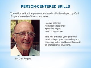 You will practice the person-centered skills developed by Carl
Rogers in each of the six courses:
PERSON-CENTERED SKILLS
D...