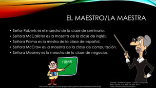 EL MAESTRO/LA MAESTRA 
• Señor Roberts es el maestro de la clase de seminario. 
• Señora McCallister es la maestra de la clase de inglés. 
• Señora Palma es la mestra de la clase de español. 
• Señora McCraw es la maestra de la clase de computación. 
• Señora Mooney es la meastra de la clase de negocios, 
"Posada - Notizie in Liquida." Liquida, Le Voci Del 
Web. Liquida, n.d. Web. 24 Sept. 2014. 
<http://http://www.picgifs.com/job-graphics/job-graphics/teacher/leerkrachten30.gif www.liquida.it/posada/> 
 