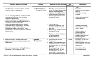 PCED101 The Child and Adolescent Learner and Learning Principles Page 7 of 19
Intended Learning Outcomes Content Teaching Learning Activities Time
Allotment
Assessment
Theory
 identify factors in one’s own life that exerted
influence on one’s development.
 use the bioecological theory as a framework to
describe the factors that affect child and
adolescent development.
 explain how the learners’ linguistic, cultural,
socio-economic and religious backgrounds are
considered in planning instruction
 determine the special educational needs of
learners in difficult circumstances, including:
geographic isolation; chronic illness;
displacement due to armed conflict, urban
resettlement or disasters; child abuse and child
labor practices
3.6. Bronfenbrenner’s
Ecological Theory
 Recalling people, places and
times that has influenced one’s
life and creating a graphic
organizer showing factors that
influenced one’s development
 Discussing Bronfenbrenner’s
Ecological Theory
 Reviewing news
articles/documentaries and
making an analysis of what
was read
 Reflecting on Bronfenbrenner’s
Ecological Theory
 Making a research abstraction
on Bronfenbrenner’s
Ecological Theory
 Research
abstracts;Reflection paper;
paper on
article/documentary
analysis
 Quiz on Bronfenbrenner’s
Ecological Theory
 Analysis on the news
articles/ documentaries
read or viewed
 Reflection paper on
Bronfenbrenner’s
Ecological Theory
 Research abstraction on
Bronfenbrenner’s
Ecological Theory
 trace the course of prenatal development
 explain the most common hazards to prenatal
development
 become more appreciative of the gift of life as
manifested in an anti-abortion stand
4. Pre-natal
Development
 Discussing the pre-natal
development
 Viewing of films related to pre-
natal development and writing
a reflection paper on what was
watched
 Simulating activity - write a
letter as a 4-month old fetus
describing how you are
developing in your mother’s
womb and convincing her not
3 hours  Quiz about the pre-natal
development
 Reflection paper about the
watched films on pre-natal
development
 Presentation of the
accomplished letter
 