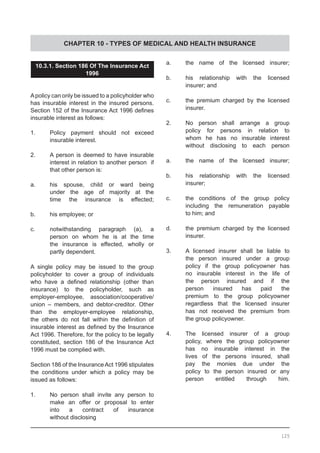 CHAPTER 10 - TYPES OF MEDICAL AND HEALTH INSURANCE
10.3.1. Section 186 Of The Insurance Act
1996
Apolicy can only be issued to a policyholder who
has insurable interest in the insured persons.
Section 152 of the Insurance Act 1996 defines
insurable interest as follows:
1.	 Policy payment should not exceed
	 insurable interest.
2.	 A person is deemed to have insurable
	 interest in relation to another person if
	 that other person is:
a.	 his spouse, child or ward being
	 under the age of majority at the
	 time the insurance is effected;
b.	 his employee; or
c.	 notwithstanding paragraph (a), a
	 person on whom he is at the time
	 the insurance is effected, wholly or
	 partly dependent.
A single policy may be issued to the group
policyholder to cover a group of individuals
who have a defined relationship (other than
insurance) to the policyholder, such as
employer-employee, association/cooperative/
union – members, and debtor-creditor. Other
than the employer-employee relationship,
the others do not fall within the definition of
insurable interest as defined by the Insurance
Act 1996. Therefore, for the policy to be legally
constituted, section 186 of the Insurance Act
1996 must be complied with.
Section 186 of the InsuranceAct 1996 stipulates
the conditions under which a policy may be
issued as follows:
1.	 No person shall invite any person to
	 make an offer or proposal to enter
	 into a contract of insurance
	 without disclosing
a.	 the name of the licensed insurer;
b.	 his relationship with the licensed
	 insurer; and
c.	 the premium charged by the licensed
	 insurer.
2.	 No person shall arrange a group
	 policy for persons in relation to
	 whom he has no insurable interest
	 without disclosing to each person
a.	 the name of the licensed insurer;
b.	 his relationship with the licensed
	 insurer;
c.	 the conditions of the group policy
	 including the remuneration payable
	 to him; and
d.	 the premium charged by the licensed
	 insurer.
3.	 A licensed insurer shall be liable to
	 the person insured under a group
	 policy if the group policyowner has
	 no insurable interest in the life of
	 the person insured and if the
	 person insured has paid the
	 premium to the group policyowner
	 regardless that the licensed insurer
	 has not received the premium from
	 the group policyowner.
4.	 The licensed insurer of a group
	 policy, where the group policyowner
	 has no insurable interest in the
	 lives of the persons insured, shall
	 pay the monies due under the
	 policy to the person insured or any
	 person entitled through him.
125
 