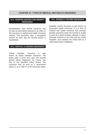 CHAPTER 10 - TYPES OF MEDICAL AND HEALTH INSURANCE
10.4. HOSPITALISATION CASH BENEFIT
INSURANCE
Hospitalisation cash benefit insurance may
be sold as stand-alone policies or as riders to
life insurance or medical and health insurance
policies. This insurance pays a pre-agreed
amount for each day the insured person is
hospitalised.
10.5. CRITICAL ILLNESSES INSURANCE
Critical illnesses insurance is also
known as dread diseases insurance. The
policy pays a lump sum upon the insured
person being diagnosed as having any
one of the specified critical illness. The
insurance may be sold as a stand-alone
policy or as a rider to a life insurance policy.
10.6. DISABILITY INCOME INSURANCE
Disability income insurance is also known as
permanent health insurance. It is a form of
medical and health insurance that provides
periodic payments when the insured is unable
to work as a result of illness, disease, or injury.
Although common in the USA and the United
Kingdom, such policies are rarely sold on a
stand-alone basis in Malaysia.
126
 
