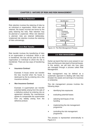 CHAPTER 2 - NATURE OF RISK AND RISK MANAGEMENT
2.4.3. Risk Retention
Risk retention involves the retaining of risks by
an individual or organization. When risks are
retained, the losses incurred are borne by the
party retaining the risks. Risk retention may
be planned or unplanned. When risk retention
is planned, risks are retained deliberately.
Unplanned risk retention involves the retaining
of risks unknowingly.
2.4.4. Risk Transfer
Risk transfer involves the transferring of risks
to an organization or individual. When a risk
is transferred, the loss will be paid for by the
organization or individual to whom the risk is
transferred. There are two ways of transferring
risks.
•	 Insurance Contract
Example: A house owner can transfer
the loss incurred when his house is
destroyed by fire by entering into a fire
insurance contract.
•	 Non Insurance Contract
Example: A supermarket can transfer
potential liability arising from the sale of
a defective product by entering into an
agreement whereby the manufacturer
agrees to compensate the supermarket
from any liability arising from the
defective product.
Figure 2.3. The Risk Management Process
Identification
Evaluation
Selection
Avoidance
Loss Control
Transfer
Retention
Implementation
Control
16
2.5. RISK MANAGEMENT
Earlier we learnt that risk is ever present in our
lives and that pure risks lead to financial losses.
In this section, we will look into how risks
are managed through a process called Risk
Management.
Risk management may be defined as a
systematic approach to dealing with risks that
threaten the assets and earnings of a business
or enterprise.
The risk management process involves the
following steps:
	•	 identifying loss exposures
	•	 evaluating potential losses
	•	 selecting techniques of risk
	 handling
	•	 implementing the risk management
	 programme
	•	 controlling the risk management
	 programme.
The process is represented schematically in
Figure 2.3.
 
