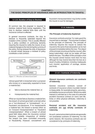 CHAPTER 3 -
THE BASIC PRINCIPLES OF INSURANCE AND AN INTRODUCTION TO TAKAFUL
Figure 3.1. Breaches of Utmost Good Faith
Non Disclosure Misrepresentation
Breach of Utmost Good Faith
Voidable Contract
27
3.1.3.5. Duration of Duty to Disclose
At common law, the proposer is required to
disclose material facts during negotiation. The
duty to disclose material facts lasts until the
insurance contract is effected.
In general insurance contracts, the duty to
disclose is frequently extended beyond the
inception of the contract. This is usually effected
by a policy condition or continuing warranty
requiring the insured to notify the insurer of any
material changes to the risk during the currency of
the policy. During renewal the duty of disclosure
is revived simply because a renewal of policy
constitutes a new contract.
Utmost good faith is breached when a proposer
who knows or is reasonably expected to know
a material fact
	•	 fails to disclose the material fact, or
	•	 misrepresents the material fact.
When an insured fails to disclose a material fact,
the breach of utmost good faith is termed either
as a “non-disclosure” or “concealment”, i.e. a
fraudulent non-disclosure. If he misrepresents
a material fact, the breach is termed either as
an “innocent misrepresentation” or “fraudulent
misrepresentation”. When a breach of utmost
good faith takes place the insurance contract
becomes voidable irrespective of whether
the breach has been committed innocently
or fraudulently. However, concealment and
fraudulent misrepresentation may further entitle
the insurer to sue for damages.
3.1.4. Indemnity
The Principle of Indemnity Explained
Insurance contracts promise “to make good the
insured loss or damage”. This promise is subject
to the principle of indemnity. The principle of
indemnity requires the insurer to restore the
insured to the same financial position as he had
enjoyed immediately before the loss. The object
of the principle is to ensure that the insured, after
being indemnified, shall not be better off than
before the loss. The effect of the principle is that
the insured cannot receive more than his loss
although he may receive less than his loss as a
result of policy limitations including inadequate
sum insured, application of average, excess
and limits.
3.1.4.1. Contracts of Indemnity
General insurance contracts are contracts
of indemnity.
General insurance contracts consist of
contracts of insurance where insurable interest
is measurable, for example property, pecuniary,
andliabilityinsurancecontracts.Whereinsurable
interest is unlimited as in the case of a personal
accident insurance contract on one’s own life,
limbs or other physical attributes, indemnity is
not possible.
Personal accident and life insurance
contracts are not strictly contracts of
indemnity.
Assuch, personal accident policies are generally
not considered contracts of indemnity. For the
same reasons, life insurance contracts are not
considered to be contracts of indemnity.
 