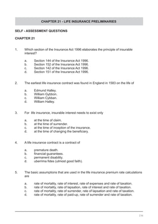 CHAPTER 21 - LIFE INSURANCE PRELIMINARIES
294
SELF - ASSESSMENT QUESTIONS
CHAPTER 21
1.	 Which section of the Insurance Act 1996 elaborates the principle of insurable
	 interest?
	 a.	 Section 144 of the Insurance Act 1996.
	 b.	 Section 152 of the Insurance Act 1996.
	 c.	 Section 142 of the Insurance Act 1996.
	 d.	 Section 151 of the Insurance Act 1996.
2.	 The earliest life insurance contract was found in England in 1583 on the life of
a.	 Edmund Halley.
b.	 William Gybbon.
c.	 William Cybban.
d.	 William Halley.
3.	 For life insurance, insurable interest needs to exist only
a.	 at the time of claim.
b.	 at the time of surrender.
c.	 at the time of inception of the insurance.
d.	 at the time of changing the beneficiary.
4.	 A life insurance contract is a contract of
a.	 premature death.
b.	 financial guarantees.
c.	 permanent disability.
d.	 uberrima fides (utmost good faith).
5.	 The basic assumptions that are used in the life insurance premium rate calculations
	 are
a.	 rate of mortality, rate of interest, rate of expenses and rate of taxation.
b.	 rate of mortality, rate of lapsation, rate of interest and rate of taxation.
c.	 rate of mortality, rate of surrender, rate of lapsation and rate of taxation.
d.	 rate of mortality, rate of paid-up, rate of surrender and rate of taxation.
 