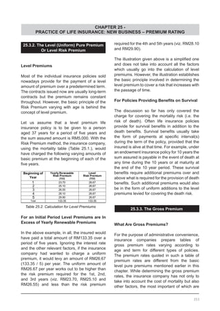 CHAPTER 25 -
PRACTICE OF LIFE INSURANCE: NEW BUSINESS – PREMIUM RATING
25.3.2. The Level (Uniform) Pure Premium
Or Level Risk Premium
Level Premiums
Most of the individual insurance policies sold
nowadays provide for the payment of a level
amount of premium over a predetermined term.
The contracts issued now are usually long-term
contracts but the premium remains constant
throughout. However, the basic principle of the
Risk Premium varying with age is behind the
concept of level premium.
Let us assume that a level premium life
insurance policy is to be given to a person
aged 37 years for a period of five years and
the sum assured amount is RM5,000. With the
Risk Premium method, the insurance company,
using the mortality table (Table 25.1.), would
have charged the following varying amounts of
basic premium at the beginning of each of the
five years.
Table 25.2. Calculation for Level Premiums
For an Initial Period Level Premiums are In
Excess of Yearly Renewable Premiums
In the above example, in all, the insured would
have paid a total amount of RM133.35 over a
period of five years. Ignoring the interest rate
and the other relevant factors, if the insurance
company had wanted to charge a uniform
premium, it would levy an amount of RM26.67
(133.35 / 5) per year. The uniform amount of
RM26.67 per year works out to be higher than
the risk premium required for the 1st, 2nd,
and 3rd years (viz. RM23.70, RM25.10 and
RM26.55) and less than the risk premium
required for the 4th and 5th years (viz. RM28.10
and RM29.90).
The illustration given above is a simplified one
and does not take into account all the factors
which usually go into the calculation of level
premiums. However, the illustration establishes
the basic principle involved in determining the
level premium to cover a risk that increases with
the passage of time.
For Policies Providing Benefits on Survival
The discussion so far has only covered the
charge for covering the mortality risk (i.e. the
risk of death). Often life insurance policies
provide for survival benefits in addition to the
death benefits. Survival benefits usually take
the form of payments at specific interval(s)
during the term of the policy, provided that the
insured is alive at that time. For example, under
an endowment insurance policy for 10 years the
sum assured is payable in the event of death at
any time during the 10 years or at maturity at
the end of the 10 year period. These survival
benefits require additional premiums over and
above what is required for the provision of death
benefits. Such additional premiums would also
be in the form of uniform additions to the level
premiums levied for covering the death risk.
25.3.3. The Gross Premium
What Are Gross Premiums?
For the purpose of administrative convenience,
insurance companies prepare tables of
gross premium rates varying according to
age and term for different types of policies.
The premium rates quoted in such a table of
premium rates are different from the basic
level pure premiums mentioned earlier in this
chapter. While determining the gross premium
rates, the insurance company has not only to
take into account the cost of mortality but also
other factors, the most important of which are
353
 