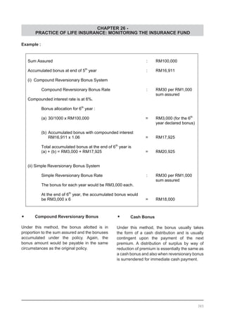 CHAPTER 26 -
PRACTICE OF LIFE INSURANCE: MONITORING THE INSURANCE FUND
•	 Compound Reversionary Bonus
Under this method, the bonus allotted is in
proportion to the sum assured and the bonuses
accumulated under the policy. Again, the
bonus amount would be payable in the same
circumstances as the original policy.
Example :
•	 Cash Bonus
Under this method, the bonus usually takes
the form of a cash distribution and is usually
contingent upon the payment of the next
premium. A distribution of surplus by way of
reduction of premium is essentially the same as
a cash bonus and also when reversionary bonus
is surrendered for immediate cash payment.
365
 