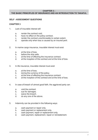 CHAPTER 3 -
THE BASIC PRINCIPLES OF INSURANCE AND AN INTRODUCTION TO TAKAFUL
SELF - ASSESSMENT QUESTIONS
CHAPTER 3
1.	 Lack of insurable interest will
	 a. 	 render the contract void.					
	 b. 	 have no effect on the policy contract.
	 c. 	 render the contract unenforceable to certain extent.
	 d. 	 operate only when loss is caused by an insured peril.
2.	 In marine cargo insurance, insurable interest must exist
	 a. 	 at the time of loss.		
	 b. 	 before the ship sails.							
	 c. 	 at the time of effecting the insurance contract.
	 d. 	 at the inception of the contract and at the time of loss.
3.	 In life insurance, insurable interest must exist
	 a. 	 at the time of loss.
	 b. 	 during the currency of the policy. 				
	 c. 	 at the time of effecting the insurance contract.		
	 d. 	 at the inception of the contract and at the time of loss.
4.	 In case of breach of utmost good faith, the aggrieved party can
	 a. 	 void the contract.
	 b. 	 sue for damages.						
	 c. 	 waive the breach.
	 d. 	 do any one of the above.
5.	 Indemnity can be provided in the following ways:
	 a. 	 cash payment or repair only.					
	 b. 	 cash payment or replacement only.
	 c. 	 cash payment, repair or replacement only.
	 d. 	 cash payment, replacement, repair or reinstatement.
37
 