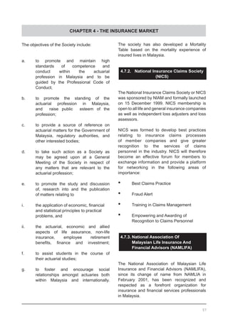 CHAPTER 4 - THE INSURANCE MARKET
The objectives of the Society include:
a.	 to promote and maintain high
	 standards of competence and
	 conduct within the actuarial
	 profession in Malaysia and to be
	 guided by the Professional Code of
	 Conduct;
b.	 to promote the standing of the
	 actuarial profession in Malaysia,
	 and raise public esteem of the
	 profession;
c.	 to provide a source of reference on
	 actuarial matters for the Government of
	 Malaysia, regulatory authorities, and
	 other interested bodies;
d.	 to take such action as a Society as
	 may be agreed upon at a General
	 Meeting of the Society in respect of
	 any matters that are relevant to the
	 actuarial profession;
e.	 to promote the study and discussion
	 of, research into and the publication
	 of matters relating to
i.	 the application of economic, financial
	 and statistical principles to practical
	 problems, and
ii.	 the actuarial, economic and allied
	 aspects of life assurance, non-life
	 insurance, employee retirement
	 benefits, finance and investment;
f.	 to assist students in the course of
	 their actuarial studies;
g.	 to foster and encourage social
	 relationships amongst actuaries both
	 within Malaysia and internationally.
The society has also developed a Mortality
Table based on the mortality experience of
insured lives in Malaysia.
4.7.2. National Insurance Claims Society
(NICS)
The National Insurance Claims Society or NICS
was sponsored by NIAM and formally launched
on 15 December 1999. NICS membership is
open to all life and general insurance companies
as well as independent loss adjusters and loss
assessors.
NICS was formed to develop best practices
relating to insurance claims processes
of member companies and give greater
recognition to the services of claims
personnel in the industry. NICS will therefore
become an effective forum for members to
exchange information and provide a platform
for networking in the following areas of
importance:
•	 Best Claims Practice
•	 Fraud Alert
•	 Training in Claims Management
•	 Empowering and Awarding of
	 Recognition to Claims Personnel
4.7.3.	National Association Of
	 Malaysian Life Insurance And
	 Financial Advisors (NAMLIFA)
The National Association of Malaysian Life
Insurance and Financial Advisors (NAMLIFA),
since its change of name from NAMLIA in
February 2001, has been recognized and
respected as a forefront organization for
insurance and financial services professionals
in Malaysia.
57
 