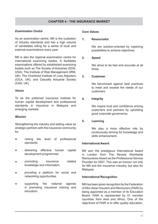 CHAPTER 4 - THE INSURANCE MARKET
Examination Centre
As an examination centre, MII is the custodian
of industry standards and has a high volume
of candidates sitting for a series of local and
external examinations every year.
MII is also the regional examination centre for
international examining bodies. It facilitates
examinations offered by established examining
bodies such as The Society of Actuaries (SOA,
USA): The Institute of Risk Management (IRM,
UK); The Chartered Institute of Loss Adjusters
(CILA, UK); and Casualty Actuarial Society
(CAS, UK).
Vision
To be the preferred insurance institute for
human capital development and professional
standards in insurance in Malaysia and
emerging markets.
Mission
Strengthening the industry and adding value as
strategic partners with the insurance community
by:
•	 raising the level of professional
	 standards
•	 delivering effective human capital
	 development programmes
•	 promoting insurance related
	 knowledge and information
•	 providing a platform for social and
	 networking opportunities
•	 supporting the national agenda
	 in promoting insurance training and
	 education.
Core Values
	
1.	 Resourceful
We are solution-oriented by exploring
possibilities to achieve objectives.
2.	 Speed
We strive to be fast and accurate at all
times.			
3.	 Customer
We benchmark against best practices
to meet and exceed the needs of our
customers.
4.	 Integrity
We inspire trust and confidence among
customers and partners by upholding
good corporate governance. 	
5.	 Learning
We play a more effective role by
continuously striving for knowledge and
skills enhancement.
International Award
MII won the prestigious International Award
in London from The Review Worldwide
Reinsurance Award as the Professional Service
Provider for 2007. This was an honour not only
for MII and the insurance industry, but also for
Malaysia.
International Recognition
MII has been given recognition by the Federation
of Afro-Asian Insurers and Reinsurers (FAIR) by
being appointed as a member of its Education
Board. FAIR is represented by 51 member
countries from Asia and Africa. One of the
objectives of FAIR is to offer quality education,
62
 