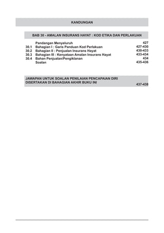 KANDUNGAN
BAB 30 - AMALAN INSURANS HAYAT : KOD ETIKA DAN PERLAKUAN
	 Pandangan Menyeluruh
30.1	 Bahagian I : Garis Panduan Kod Perlakuan
30.2	 Bahagian II : Penjualan Insurans Hayat
30.3	 Bahagian III : Kenyataan Amalan Insurans Hayat
30.4	 Bahan Penjualan/Pengiklanan
	 Soalan
JAWAPAN UNTUK SOALAN PENILAIAN PENCAPAIAN DIRI
DISERTAKAN DI BAHAGIAN AKHIR BUKU INI
427
427-430
430-433
433-434
434
435-436
437-438
 