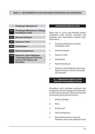 BAB 12 - PENTADBIRAN POLISI INSURANS PERUBATAN DAN KESIHATAN
PANDANGAN MENYELURUH
Dalam bab ini, isu-isu yang berkaitan dengan
pentadbiran polisi insurans perubatan dan
kesihatan akan dibincangkan dibawah tajuk-
tajuk berikut:-
•	 Pandangan Menyeluruh Tentang
	 Pentadbiran Polisi
•	 Borang Cadangan
•	 Dokumen Polisi
•	 Endorsemen
•	 Notis Pembaharuan
•	 Dokumen untuk Pelepasan Cukai bagi
	 Bayaran Premium Insurans Perubatan
	 dan Kesihatan
12.1 PANDANGAN MENYELURUH
TENTANG PENTADBIRAN POLISI
Pentadbiran polisi melibatkan pertukaran dan
pengeluaran dokumen sebagai bukti kewujudan
kontrakinsuransyangsah.Dokumenberkenaan
termasuklah perkara-perkara berikut;-
1.	 Borang cadangan
2.	 Polisi
3.	 Endorsemen
4.	 Notis pembaharuan
5.	 Bukti bayaran premium insurans
	 kesihatan untuk tujuan pelepasan cukai
	 Pandangan Menyeluruh
12.1	 Pandangan Menyeluruh Tentang
	 Pentadbiran Polisi
12.2	 Borang Cadangan
12.3	 Dokumen Polisi
12.4	 Endorsemen
12.5	 Notis Pembaharuan
12.6	 Dokumen untuk Pelepasan
	 Cukai bagi Bayaran Premium
	 Insurans Perubatan dan
	 Kesihatan
157
 