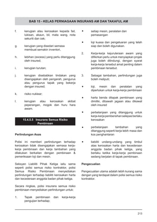 BAB 15 - KELAS PERNIAGAAN INSURANS AM DAN TAKAFUL AM
f.	 kerugian atau kerosakan kepada fail,
lukisan, akaun, bil, mata wang, nota
sekuriti dan cek;
g.	 kerugian yang disedari semasa
membuat semakin inventori,
h.	 lebihan (excess) yang perlu ditanggung
oleh insured;
i.	 kerugian turutan;
j.	 kerugian disebabkan tindakan yang
disengajakan oleh pengarah, pengurus
atau pengurus tapak yang bekerja
dengan insured;
k.	 risiko nuklear;
l.	 kerugian atau kerosakan akibat
peperangan, mogok dan huru hara
awam.
15.4.5.5 Insurans Semua Risiko
Pembinaan
Perlindungan Asas
Polisi ini memberi perlindungan terhadap
kerosakan tidak disengajakan semasa kerja-
kerja pembinaan dan kerja tambahan yang
dilakukan berkaitan dengan pembinaan &
pemeriksaan loji dan mesin.
Seksyen Liabiliti Pihak Ketiga iaitu sama
seperti polisi semua risiko kontraktor, polisi
Semua Risiko Pembinaan menyediakan
perlindungan terhadap liabiliti kerosakan harta
dan kecederaan anggota badan pihak ketiga.
Secara ringkas, polisi insurans semua risiko
pembinaan menyediakan perlindungan untuk:
1.	 Tapak pembinaan dan kerja-kerja
pengujian terhadap;
•	 setiap mesin, peralatan dan
pemasangan
•	 loji kuasa dan pengeluaran yang telah
siap dan boleh digunakan.
2.	 Kerja-kerja kejuruteraan awam yang
difikirkan perlu untuk menyiapkan projek
juga boleh dilindungi, dengan syarat
kerja-kerja tersebut amat penting dalam
pembinaan tersebut.
3.	 Sebagai tambahan, perlindungan juga
boleh meliputi;
•	 loji, mesin dan peralatan yang
diperlukan untuk kerja-kerja pembinaan
•	 harta benda ditapak pembinaan yang
dimiliki, dibawah jagaan atau dikawal
oleh insured
•	 perbelanjaan yang ditanggung untuk
kerja-kerjapembersihanselepasberlaku
kerosakan
•	 perbelanjaan tambahan yang
ditanggung seperti kerja lebih masa dan
kos penghantaran
•	 liabiliti undang-undang yang timbul
atas kerosakan harta dan kecederaan
anggota badan pihak ketiga, yang
berlaku ketika kerja-kerja pembinaan
sedang berjalan di tapak pembinaan.
Pengecualian
Pengecualian utama adalah lebih kurang sama
dengan yang terdapat dalam polisi semua risiko
kontraktor.
213
 