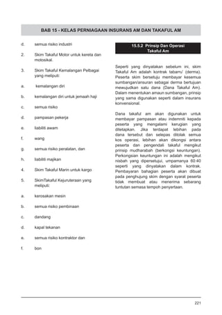 BAB 15 - KELAS PERNIAGAAN INSURANS AM DAN TAKAFUL AM
d.	 semua risiko industri
2.	 Skim Takaful Motor untuk kereta dan
	 motosikal.
3.	 Skim Takaful Kemalangan Pelbagai
	 yang meliputi:
a.	 kemalangan diri
b.	 kemalangan diri untuk jemaah haji
c.	 semua risiko
d.	 pampasan pekerja
e.	 liabiliti awam
f.	 wang
g.	 semua risiko peralatan, dan
h.	 liabiliti majikan
4.	 Skim Takaful Marin untuk kargo
5.	 SkimTakaful Kejuruteraan yang
	 meliputi:
a.	 kerosakan mesin
	
b.	 semua risiko pembinaan
	
c.	 dandang
	
d.	 kapal tekanan
	
e.	 semua risiko kontraktor dan
	
f.	 bon
15.5.2 Prinsip Dan Operasi
Takaful Am
Seperti yang dinyatakan sebelum ini, skim
Takaful Am adalah kontrak tabarru’ (derma).
Peserta skim bersetuju membayar kesemua
sumbangan/ansuran sebagai derma bertujuan
mewujudkan satu dana (Dana Takaful Am).
Dalam menentukan amaun sumbangan, prinsip
yang sama digunakan seperti dalam insurans
konvensional.
Dana takaful am akan digunakan untuk
membayar pampasan atau indemniti kepada
peserta yang mengalami kerugian yang
ditetapkan. Jika terdapat lebihan pada
dana tersebut dan selepas ditolak semua
kos operasi, lebihan akan dikongsi antara
peserta dan pengendali takaful mengikut
prinsip mudharabah (berkongsi keuntungan).
Perkongsian keuntungan ini adalah mengikut
nisbah yang dipersetujui, umpamanya 60:40
seperti yang dinyatakan dalam kontrak.
Pembayaran bahagian peserta akan dibuat
pada penghujung skim dengan syarat peserta
tidak membuat atau menerima sebarang
tuntutan semasa tempoh penyertaan.
221
 