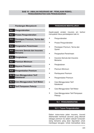 BAB 16 - AMALAN INSURANS AM : PENILAIAN RISIKO,
PENGUNDERAITAN DAN PENGKADARAN
PANDANGAN MENYELURUH
Aspek-aspek amalan insurans am berikut
merupakan fokus pembelajaran bab ini:
•	 Pengunderaitan
•	 Proses Pengunderaitan
•	 Penetapan Premium, Terma dan
	 Syarat
•	 Pengesahan Penerimaan
•	 Insurans Semula dan Insurans
	 Bersama
	 Pengkadaran
	 Premium Minimum
	 Pembayaran Premium
	 Pengembalian Premium
	 Cara Menggunakan Tarif
	 Kebakaran
	 Cara Menggunakan Tarif Motor
	 Cara Menggunakan Tarif Pampasan
	 Pekerja
16.1 PENGUNDERAITAN
16.1.1 Tujuan Pengunderaitan
Dalam mana-mana pelan insurans, insured
dikehendaki membuat caruman yang dikenali
sebagai premium ke dalam sebuah kumpulan
wang bersama yang akan digunakan untuk
membayar kerugian. Untuk memastikan dana
	 Pandangan Menyeluruh
16.1	 Pengunderaitan
16.2	 Proses Pengunderaitan
16.3	 Penetapan Premium, Terma dan
	 Syarat
16.4	 Pengesahan Penerimaan
16.5	 Insurans Semula dan Insurans
	 Bersama
16.6	 Pengkadaran
16.7	 Premium Minimum
16.8	 Bayaran Premium
16.9	 Pengembalian Premium
16.10	 Cara Menggunakan Tarif
	 Kebakaran
16.11	 Cara Menggunakan Tarif Motor
16.12	 Tarif Pampasan Pekerja
225
 