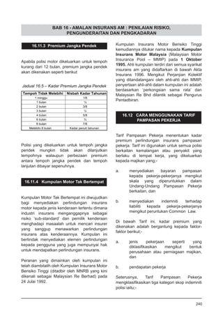 BAB 16 - AMALAN INSURANS AM : PENILAIAN RISIKO,
PENGUNDERAITAN DAN PENGKADARAN
16.11.3 Premium Jangka Pendek
Apabila polisi motor dikeluarkan untuk tempoh
kurang dari 12 bulan, premium jangka pendek
akan dikenakan seperti berikut
Polisi yang dikeluarkan untuk tempoh jangka
pendek mungkin tidak akan dilanjutkan
tempohnya walaupun perbezaan premium
antara tempoh jangka pendek dan tempoh
lanjutan dibayar sepenuhnya.
16.11.4 Kumpulan Motor Tak Bertempat
Kumpulan Motor Tak Bertempat ini diwujudkan
bagi menyediakan perlindungan insurans
motor kepada jenis kenderaan tertentu dimana
industri insurans menganggapnya sebagai
risiko ‘sub-standard’ dan pemilik kenderaan
menghadapi masaalah untuk mencari insurer
yang sanggup menawarkan perlindungan
insurans atas kenderaannya. Kumpulan ini
bertindak menyediakan elemen perlindungan
kepada pengguna yang juga mempunyai hak
untuk mendapatkan perlindungan insurans.
Peranan yang dimainkan oleh kumpulan ini
telah diambilalih oleh Kumpulan Insurans Motor
Berisiko Tinggi (ditadbir oleh MNRB yang kini
dikenali sebagai Malaysian Re Berhad) pada
24 Julai 1992.
Jadual 16.5 – Kadar Premium Jangka Pendek
Kumpulan Insurans Motor Berisiko Tinggi
kemudiannya ditukar nama kepada Kumpulan
Insurans Motor Malaysia (Malaysian Motor
Insurance Pool – MMIP) pada 1 Oktober
1995. Ahli kumpulan terdiri dari semua syarikat
insurans am yang didaftarkan di bawah Akta
Insurans 1996. Mengikut Perjanjian Kolektif
yang ditandatangani oleh ahli-ahli dan MMIP,
penyertaan ahli-ahli dalam kumpulan ini adalah
berdasarkan ‘perkongsian sama rata’ dan
Malaysian Re Bhd dilantik sebagai Pengurus
Pentadbiran.
16.12 CARA MENGGUNAKAN TARIF
PAMPASAN PEKERJA
Tarif Pampasan Pekerja menentukan kadar
premium perlindungan insurans pampasan
pekerja. Tarif ini digunakan untuk semua polisi
berkaitan kemalangan atau penyakit yang
berlaku di tempat kerja, yang dikeluarkan
kepada majikan yang;-
a.	 menyediakan bayaran pampasan
kepada pekerja-pekerjanya mengikut
skala yang diperuntukkan dalam
Undang-Undang Pampasan Pekerja
berkaitan, dan
b.	 menyediakan indemniti terhadap
liabiliti kepada pekerja-pekerjanya
mengikut peruntukan Common Law.
Di bawah Tarif ini, kadar premium yang
dikenakan adalah bergantung kepada faktor-
faktor berikut;-
a.	 jenis pekerjaan seperti yang
diklasifikasikan mengikut bentuk
perusahaan atau perniagaan majikan,
dan
b.	 pendapatan pekerja
Seterusnya, Tarif Pampasan Pekerja
mengklasifikasikan tiga kategori skop indemniti
polisi iaitu;-
240
 