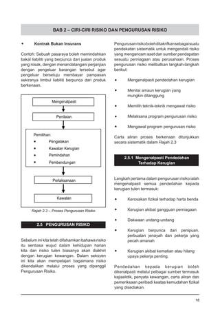 BAB 2 – CIRI-CIRI RISIKO DAN PENGURUSAN RISIKO
•	 Kontrak Bukan Insurans
Contoh: Sebuah pasaraya boleh memindahkan
bakal liabiliti yang berpunca dari jualan produk
yang rosak, dengan menandatangani perjanjian
dengan pengeluar barangan tersebut agar
pengeluar bersetuju membayar pampasan
sekiranya timbul liabiliti berpunca dari produk
berkenaan.
Rajah 2.3 – Proses Pengurusan Risiko
Pengurusanrisikobolehditakrifkansebagaisuatu
pendekatan sistematik untuk mengendali risiko
yang mengancam aset dan sumber pendapatan
sesuatu perniagaan atau perusahaan. Proses
pengurusan risiko melibatkan langkah-langkah
berikut:
•	 Mengenalpasti pendedahan kerugian
•	 Menilai amaun kerugian yang
	 mungkin ditanggung
•	 Memilih teknik-teknik mengawal risiko
•	 Melaksana program pengurusan risiko
•	 Mengawal program pengurusan risiko
Carta aliran proses berkenaan ditunjukkan
secara sistematik dalam Rajah 2.3
2.5.1 Mengenalpasti Pendedahan
Terhadap Kerugian
Langkah pertama dalam pengurusan risiko ialah
mengenalpasti semua pendedahan kepada
kerugian tulen termasuk:
•	 Kerosakan fizikal terhadap harta benda
•	 Kerugian akibat gangguan perniagaan
•	 Dakwaan undang-undang
•	 Kerugian berpunca dari penipuan,
	 perbuatan jenayah dan pekerja yang
	 pecah amanah
•	 Kerugian akibat kematian atau hilang
	 upaya pekerja penting.
Pendedahan kepada kerugian boleh
dikenalpasti melalui pelbagai sumber termasuk
kajiselidik, penyata kewangan, carta aliran dan
pemeriksaan peribadi keatas kemudahan fizikal
yang disediakan.
Mengenalpasti
Penilaian
Pemilihan:
Pengelakan
Kawalan Kerugian
Pemindahan
Pembendungan
Perlaksanaan
Kawalan
2.5 PENGURUSAN RISIKO
Sebelum ini kita telah difahamkan bahawa risiko
itu sentiasa wujud dalam kehidupan harian
kita dan risiko tulen biasanya akan diakhiri
dengan kerugian kewangan. Dalam seksyen
ini kita akan mempelajari bagaimana risiko
dikendalikan melalui proses yang dipanggil
Pengurusan Risiko.
18
 