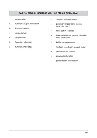 BAB 20 - AMALAN INSURANS AM – KOD ETIKA & PERLAKUAN
•	 penyelesaian
	
ii.	 Tuntutan kerugian menyeluruh
iii.	 Tuntutan kecurian
•	 pemberitahuan
•	 penyelesaian
iv.	 Perjanjian subrogasi
v.	 Tuntutan pihak ketiga
	 Tuntutan kerosakan harta
•	 perjanjian langgar-sama-langgar
	 (knock-for knock)
•	 fasal lebihan (excess)
•	 lewat/tiada laporan tuntutan kerosakan
	 harta pihak ketiga
•	 kehilangan penggunaan
	 Tuntutan kecederaan anggota badan
•	 pemberitahuan tuntutan
•	 penyiasatan tuntutan
•	 pemprosesan penyelesaian
310
 