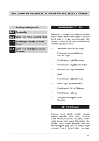 BAB 22 - PRODUK INSURANS HAYAT DAN PERNIAGAAN TAKAFUL KELUARGA
	 Pandangan Menyeluruh
22.1	 Pengenalan
22.2	 Jenis-jenis Polisi Insurans Hayat
22.3	 Keterangan Kontrak Insurans
	 Hayat
22.4	 Jenis-jenis Perniagaan Takaful
	 Keluarga
PANDANGAN MENYELURUH
Dalam bab ini kita akan menumpukan perhatian
kepada bentuk-bentuk utama produk insurans
hayat serta ciri-cirinya, yang ditawarkan oleh
insurer di Malaysia. Ia boleh diklasifikasikan
dibawah tajuk-tajuk berikut:
•	 Jenis-jenis Polisi Insurans Hayat
•	 Penerangan Mengenai Kontrak
Insurans Hayat
•	 Polisi Insurans Hayat Sementara
•	 Polisi Insurans Hayat Seumur Hidup
•	 Polisi Insurans Hayat Endowmen
•	 Anuiti
•	 Polisi Insurans Kesihatan Kekal
•	 Perlindungan Penyakit Kritikal
•	 Polisi Insurans Berkait Pelaburan
•	 Polisi Insurans Pelbagai
•	 Jenis-jenis Perniagaan Takaful
	 Keluarga
22.1 PENGENALAN
Insurans hayat adalah kaedah sukarela
dengan sejumlah besar orang bersama-
sama mencarum kepada satu dana, supaya
suatu amaun wang dapat dikumpulkan dan
dibayar ketika berlaku kematian atau lain-
lain kontingensi yang berkaitan dengan hayat
manusia. Insurer berjanji akan membayar
321
 