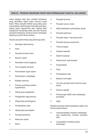 BAB 22 - PRODUK INSURANS HAYAT DAN PERNIAGAAN TAKAFUL KELUARGA
ramai sebagai rider atau manfaat tambahan
yang disertakan dalam polisi insurans hayat
kekal. Pelan penyakit kritikal yang paling asas
menyediakan perlindungan terhadap kematian,
hilang upaya sepenuhnya atau apabila telah
didiagnosis menghidap salah satu dari 36 jenis
penyakit merbahaya, dimana insurer membayar
sekali gus jumlah diinsuranskan.
36 jenis penyakit kritikal yang dilindungi ialah:
•	 Serangan sakit jantung
•	 Strok
•	 Penyakit koronari arteri
•	 Kanser / barah
•	 Kerosakan buah pinggang
•	 Virus hepatitis fulminan
•	 Pemindahan organ utama
•	 Kelumpuhan / paraplegia
•	 Multiple sclerosis
•	 Primary pulmonary arterial
hypertension
•	 Hilang daya penglihatan
•	 Penggantian injap jantung
•	 Hilang daya pendengaran
•	 Pembedahan aorta
•	 Hilang daya percakapan
•	 Penyakit alzheimer
•	 Kelecuran utama
•	 Koma
•	 Penyakit terminal
•	 Penyakit neuron motor
•	 AIDS disebabkan pemindahan darah
•	 Penyakit parkinson
•	 Penyakit hepar / hati yang kronik
•	 Penyakit jantung yang kronik
•	 Trauma kepala
•	 Anaemia aplastik
•	 Distrofi maskular
•	 Ketumbuhan otak benigna
•	 Ensephalistik
•	 Polio
•	 Pembedahan otak
•	 Bakteria meningitis
•	 Lain-lain penyakit arteri koronari yang
	 serius
•	 Sindrom appalik
•	 Perlindungan AIDS untuk kakitangan
	 perubatan
•	 AIDS
Manfaat penyakit kritikal disediakan dalam dua
bentuk yang berbeza:
•	 mempercepatkan bayaran sebahagian
atau keseluruhan manfaat kematian,
atau
•	 menyediakan manfaat secara
berasingan
333
 
