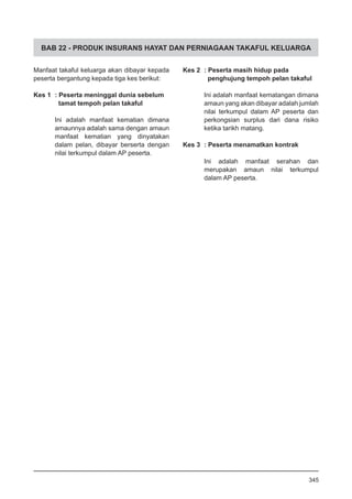 BAB 22 - PRODUK INSURANS HAYAT DAN PERNIAGAAN TAKAFUL KELUARGA
Manfaat takaful keluarga akan dibayar kepada
peserta bergantung kepada tiga kes berikut:
Kes 1	 : Peserta meninggal dunia sebelum
	 tamat tempoh pelan takaful
	
Ini adalah manfaat kematian dimana
amaunnya adalah sama dengan amaun
manfaat kematian yang dinyatakan
dalam pelan, dibayar berserta dengan
nilai terkumpul dalam AP peserta.
Kes 2	 : Peserta masih hidup pada
	 penghujung tempoh pelan takaful
Ini adalah manfaat kematangan dimana
amaun yang akan dibayar adalah jumlah
nilai terkumpul dalam AP peserta dan
perkongsian surplus dari dana risiko
ketika tarikh matang.
Kes 3	 : Peserta menamatkan kontrak
Ini adalah manfaat serahan dan
merupakan amaun nilai terkumpul
dalam AP peserta.
345
 