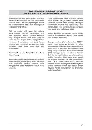 BAB 25 - AMALAN INSURANS HAYAT :
PERNIAGAAN BARU – PENGKADARAN PREMIUM
besar hayat yang akan diinsuranskan, pola turun
naik kadar kematian dari tahun ke tahun dalam
keadaan biasa (kecuali peperangan, wabak
dan seumpamanya) tidak akan menunjukkan
perbezaan yang ketara.
Oleh itu, adalah lebih wajar dan selamat
untuk syarikat insurans menetapkan lebih
awal anggaran amaun tuntutan kematian
yang mungkin timbul untuk satu kumpulan
polisi insurans hayat. Untuk mengendalikan
perniagaan berlandaskan asas yang kukuh,
pengetahuan mengenai pengalaman kadar
kematian masa lepas perlu dikaji dan
dimanfaatkan.
Maklumat Masa Lalu Menjadi Panduan Masa
Akan Datang
Statistik kemortalan hayat insured menyediakan
keputusan pengalaman yang lepas, dan ianya
akan digunakan sebagai panduan untuk
menyediakan carta kemortalan untuk masa
hadapan.
Untuk menentukan kadar premium insurans
hayat, insurer mengandaikan bahawa kadar
kematian dimasa akan datang dikalangan
sekumpulan insured yang sama umur akan
mengikut pola yang sama dikalangan kumpulan
yang sama umur pada masa lepas.
Nisbah kematian dikalangan insured dalam
setahun adalah berbeza kerana umur insured
yang semakin meningkat.
Sebagai contoh, jika sekumpulan 100,000
orang yang semuanya berusia 40 tahun
diinsuranskan, 562 orang akan meninggal dunia
dalam tahun tersebut; dan sekumpulan 100,000
orang yang berumur 60 tahun diinsuranskan,
2,415 meninggal dunia pada tahun berkenaan.
Oleh itu, kita boleh katakan yang kemungkinan
berlaku kematian dalam satu tahun adalah
562/100,000 (atau 0.00562) pada usia 40 tahun,
dan 2,415/100,000 (atau 0.02415) pada usia
60 tahun. Situasi ini menjelaskan kemungkinan
berlaku kematian dalam satu tahun. Dalam
insurans hayat, kemungkinan ini dinamakan
kadar kemortalan.
375
 
