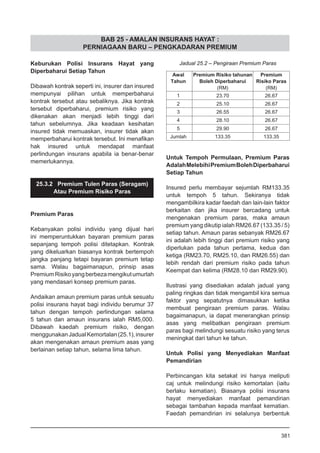 BAB 25 - AMALAN INSURANS HAYAT :
PERNIAGAAN BARU – PENGKADARAN PREMIUM
Keburukan Polisi Insurans Hayat yang
Diperbaharui Setiap Tahun
Dibawah kontrak seperti ini, insurer dan insured
mempunyai pilihan untuk memperbaharui
kontrak tersebut atau sebaliknya. Jika kontrak
tersebut diperbaharui, premium risiko yang
dikenakan akan menjadi lebih tinggi dari
tahun sebelumnya. Jika keadaan kesihatan
insured tidak memuaskan, insurer tidak akan
memperbaharui kontrak tersebut. Ini menafikan
hak insured untuk mendapat manfaat
perlindungan insurans apabila ia benar-benar
memerlukannya.
25.3.2 Premium Tulen Paras (Seragam)
Atau Premium Risiko Paras
Premium Paras
Kebanyakan polisi individu yang dijual hari
ini memperuntukkan bayaran premium paras
sepanjang tempoh polisi ditetapkan. Kontrak
yang dikeluarkan biasanya kontrak bertempoh
jangka panjang tetapi bayaran premium tetap
sama. Walau bagaimanapun, prinsip asas
PremiumRisikoyangberbezamengikutumurlah
yang mendasari konsep premium paras.
Andaikan amaun premium paras untuk sesuatu
polisi insurans hayat bagi individu berumur 37
tahun dengan tempoh perlindungan selama
5 tahun dan amaun insurans ialah RM5,000.
Dibawah kaedah premium risiko, dengan
menggunakanJadualKemortalan(25.1),insurer
akan mengenakan amaun premium asas yang
berlainan setiap tahun, selama lima tahun.
Jadual 25.2 – Pengiraan Premium Paras
Untuk Tempoh Permulaan, Premium Paras
AdalahMelebihiPremiumBolehDiperbaharui
Setiap Tahun
Insured perlu membayar sejumlah RM133.35
untuk tempoh 5 tahun. Sekiranya tidak
mengambilkira kadar faedah dan lain-lain faktor
berkaitan dan jika insurer bercadang untuk
mengenakan premium paras, maka amaun
premium yang dikutip ialah RM26.67 (133.35 / 5)
setiap tahun. Amaun paras sebanyak RM26.67
ini adalah lebih tinggi dari premium risiko yang
diperlukan pada tahun pertama, kedua dan
ketiga (RM23.70, RM25.10, dan RM26.55) dan
lebih rendah dari premium risiko pada tahun
Keempat dan kelima (RM28.10 dan RM29.90).
Ilustrasi yang disediakan adalah jadual yang
paling ringkas dan tidak mengambil kira semua
faktor yang sepatutnya dimasukkan ketika
membuat pengiraan premium paras. Walau
bagaimanapun, ia dapat menerangkan prinsip
asas yang melibatkan pengiraan premium
paras bagi melindungi sesuatu risiko yang terus
meningkat dari tahun ke tahun.
Untuk Polisi yang Menyediakan Manfaat
Pemandirian
Perbincangan kita setakat ini hanya meliputi
caj untuk melindungi risiko kemortalan (iaitu
berlaku kematian). Biasanya polisi insurans
hayat menyediakan manfaat pemandirian
sebagai tambahan kepada manfaat kematian.
Faedah pemandirian ini selalunya berbentuk
381
 