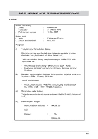 BAB 29 - INSURANS HAYAT : BEBERAPA KAEDAH MATEMATIK
Contoh 2 :
420
 