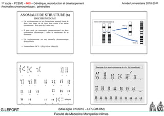 1er cycle – PCEM2 – MI5 – Génétique, reproduction et développement
Anomalies chromosomiques : généralités
Année Universitaire 2010-2011
Faculté de Médecine Montpellier-Nîmes
G.LEFORT (Mise ligne 07/09/10 – LIPCOM-RM)
• Un isochromosome est un chromosome anormal formé de
deux bras longs ou de deux bras courts d’un même
chromosome avec perte de l’autre bras
ANOMALIE DE STRUCTURE (6)
ISOCHROMOSOME
chromosome avec perte de l autre bras.
• Il peut avoir un centromère (monocentrique) ou deux
centromères (dicentrique ) selon le mécanisme de sa
formation
• Un isochromosome est une anomalie chromosomiqueUn isochromosome est une anomalie chromosomique
déséquilibrée.
• Nomenclature ISCN : i(X)(p10) ou i(X)(q10).
i(X)(q10)
Exemple d’un isochromosome du chr. 5p (mosaÏque)
 