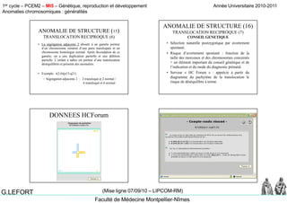 1er cycle – PCEM2 – MI5 – Génétique, reproduction et développement
Anomalies chromosomiques : généralités
Année Universitaire 2010-2011
Faculté de Médecine Montpellier-Nîmes
G.LEFORT (Mise ligne 07/09/10 – LIPCOM-RM)
ANOMALIE DE STRUCTURE (15)
TRANSLOCATION RECIPROQUE (6)
• La ségrégation adjacente 2 aboutit à un gamète porteurLa ségrégation adjacente 2 aboutit à un gamète porteur
d’un chromosome remanié d’une paire transloquée et un
chromosome homologue normal. Après fécondation de ce
gamète, on a une duplication partielle et une délétion
partielle. L’enfant à naître est porteur d’une translocation
déséquilibrée et présente des anomalies.
• Exemple : t(2;6)(p13;q21)
– Ségrégation adjacente 2 : 2 transloqué et 2 normal /
6 transloqué et 6 normal.
• Sélection naturelle postzygotique par avortement
ANOMALIE DE STRUCTURE (16)
TRANSLOCATION RECIPROQUE (7)
CONSEIL GENETIQUE
p yg q p
spontané.
• Risque d’avortement spontané : fonction de la
taille des morceaux et des chromosomes concernés
= un élément important du conseil génétique et de
l’indication et du mode du diagnostic prénatal.
• Serveur « HC Forum » : apprécie à partir du
diagramme du pachytène de la translocation le
risque de déséquilibre à terme.
DONNEES HCForum
 