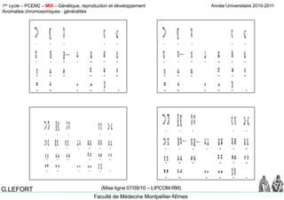 1er cycle – PCEM2 – MI5 – Génétique, reproduction et développement
Anomalies chromosomiques : généralités
Année Universitaire 2010-2011
Faculté de Médecine Montpellier-Nîmes
G.LEFORT (Mise ligne 07/09/10 – LIPCOM-RM)
 