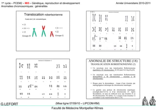 1er cycle – PCEM2 – MI5 – Génétique, reproduction et développement
Anomalies chromosomiques : généralités
Année Universitaire 2010-2011
Faculté de Médecine Montpellier-Nîmes
G.LEFORT (Mise ligne 07/09/10 – LIPCOM-RM)
Fusion de 2 chr. acrocentriques
Translocation robertsonienne
13• 13
• 14 +++
• 15
Groupe D
• 21 +++
• 22
Groupe G
• Un caryotype avec une translocation Robertsonienne
équilibrée a 45 chromosomes: 45,XX,der(14;21)(q10;q10)
ANOMALIE DE STRUCTURE (18)
TRANSLOCATION ROBERTSONIENNE (2)
• Un caryotype avec une translocation Robertsonienne
déséquilibrée a 46 chromosomes : trisomie à 46
chromosomes.
• Risque pour la descendance : risque d’une trisomie par
malségrégation méiotique du chromosome transloqué.malségrégation méiotique du chromosome transloqué.
• Le gamète sera porteur du chromosome transloqué,
(exemple:der(14;21)) et d’un chromosome 21. Après
fécondation, on aura un embryon avec une trisomie 21 et
46 chromosomes. De même, il y a risque d’une trisomie 13
secondaire à une translocation der(13;14).
 