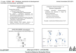 1er cycle – PCEM2 – MI5 – Génétique, reproduction et développement
Anomalies chromosomiques : généralités
Année Universitaire 2010-2011
Faculté de Médecine Montpellier-Nîmes
G.LEFORT (Mise ligne 07/09/10 – LIPCOM-RM)
Syndromes de gènes contigus et disomie
uniparentale(3)
Dosage génique anormal
I - Structurel : microdélétion/duplication
II - Fonctionnel : disomie uniparentalep
II - Disomie uniparentale et empreinte parentale
• En général : contribution bi-parentale des
chromosomes de chaque paire (un chromosome de la
mère et un chromosome du père)
• Exceptionnellement les deux chromosomes d’une paire
i t d’ ê t  t ib ti dproviennent d’un même parent  non contribution de
l’autre parent = disomie uniparentale
• Souvent pas de conséquences
• Parfois révélation d’une maladie récessive ou
pathologie si des gènes sont soumis à empreinte
« Situations chromosomiques » et
Disomie Uniparentale
• Certains anomalies chromosomiques
constituent des situations à risque deconstituent des situations à risque de
disomie uniparentale
– Mosaïques chromosomiques,
– Translocation Robertsoniennes,
– Petits chromosomes surnuméraires.
Exemple : translocation Robertsonienne 14;21
ANEUPLOIDIE (mosaïque)
MITOSE et NON DISJONCTION MITOTIQUE (2)
 