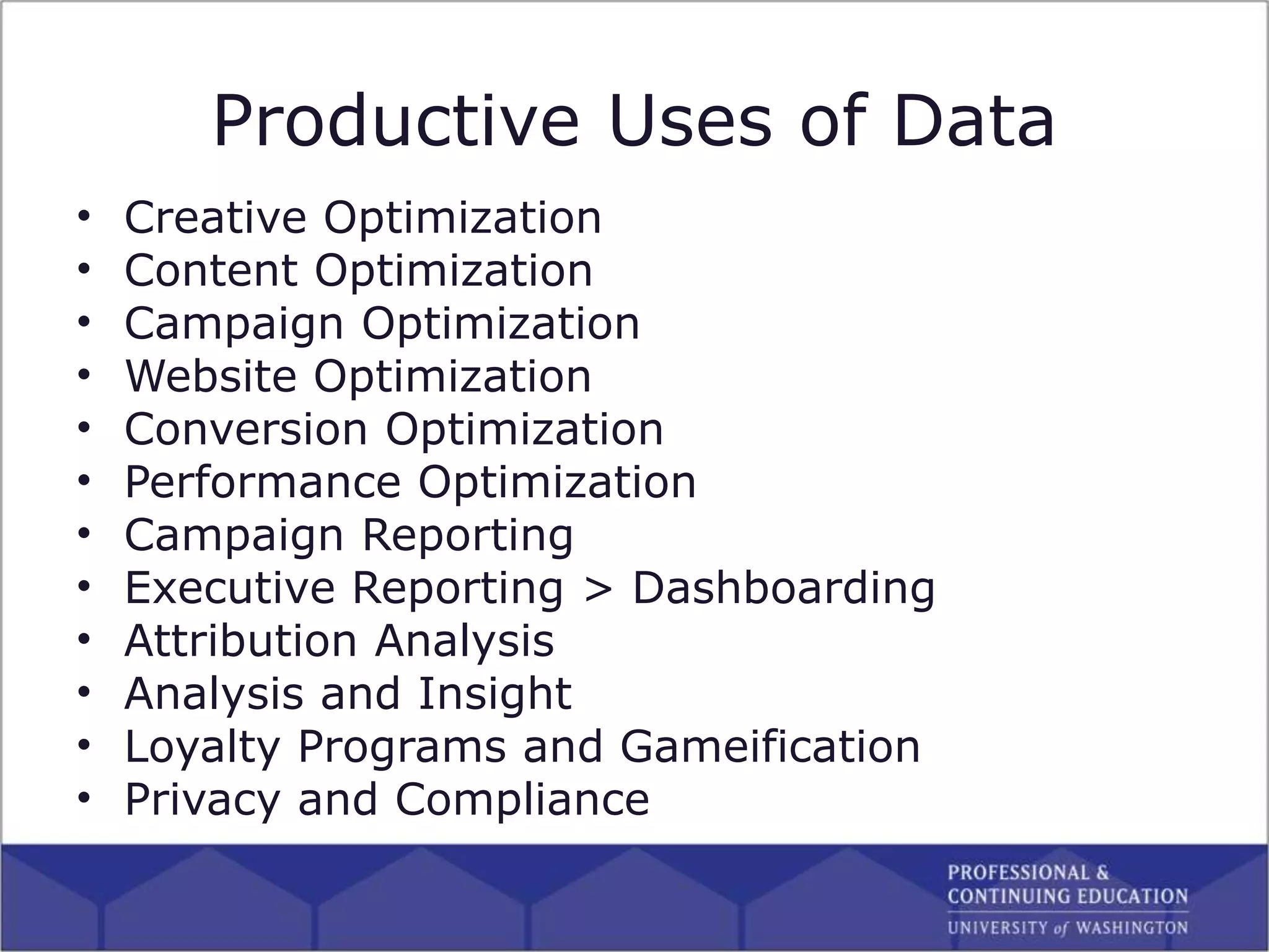 Productive Uses of Data
• Creative Optimization
• Content Optimization
• Campaign Optimization
• Website Optimization
• Conversion Optimization
• Performance Optimization
• Campaign Reporting
• Executive Reporting > Dashboarding
• Attribution Analysis
• Analysis and Insight
• Loyalty Programs and Gameification
• Privacy and Compliance
 