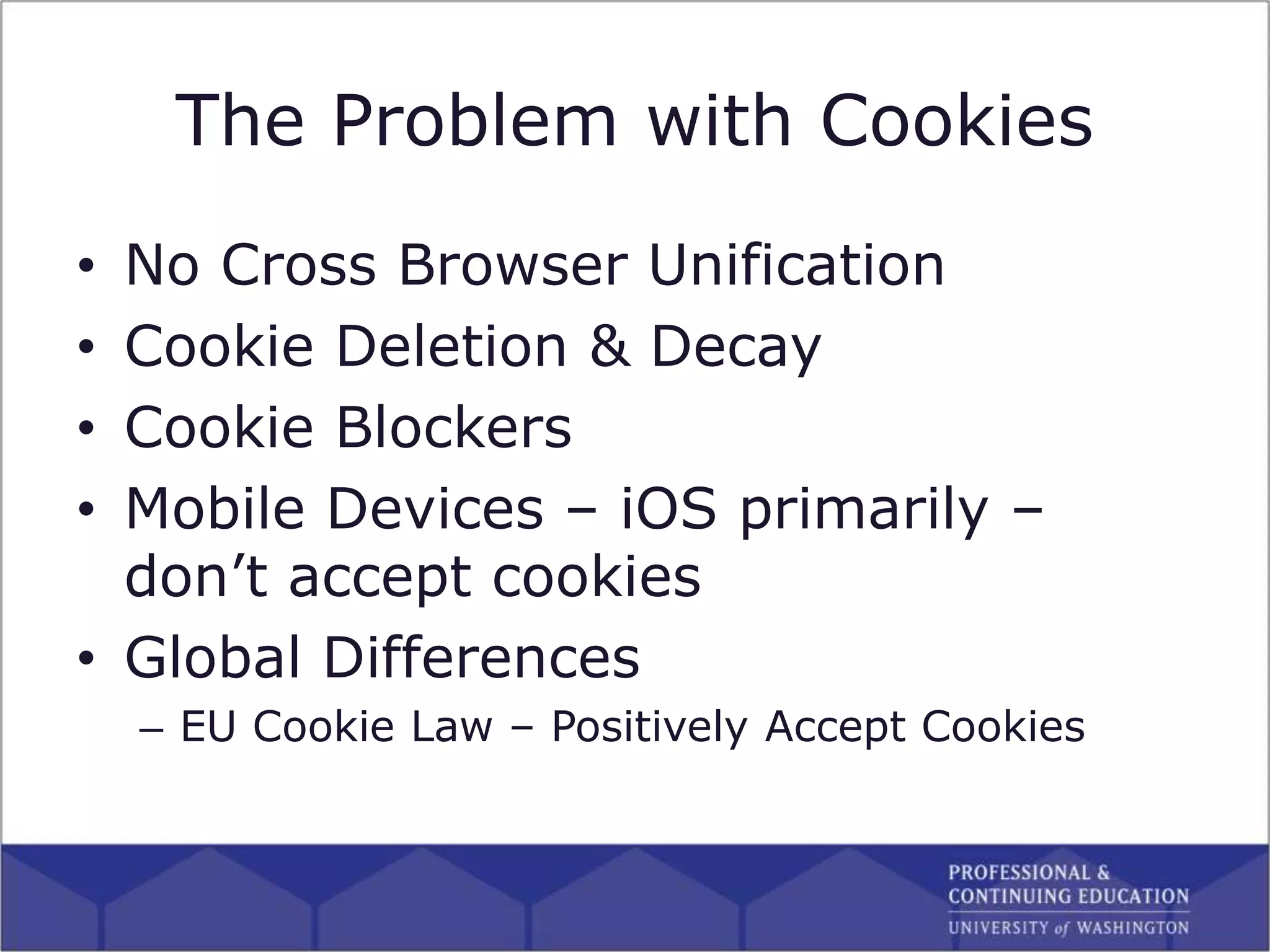 The Problem with Cookies
• No Cross Browser Unification
• Cookie Deletion & Decay
• Cookie Blockers
• Mobile Devices – iOS primarily –
don’t accept cookies
• Global Differences
– EU Cookie Law – Positively Accept Cookies
 