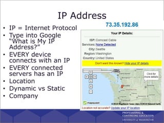IP Address
• IP = Internet Protocol
• Type into Google
“What is My IP
Address?”
• EVERY device
connects with an IP
• EVERY...
