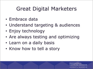 Great Digital Marketers
• Embrace data
• Understand targeting & audiences
• Enjoy technology
• Are always testing and opti...