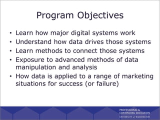 Program Objectives
• Learn how major digital systems work
• Understand how data drives those systems
• Learn methods to co...