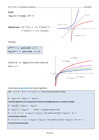 EP 14 – 2012 – 2 – Exponencial e Logaritmo Pré-Cálculo
10 de 16
Assim,
( ) já que
Sabemos que: ( ( ) ( )
( ( )) ( )
Portanto,
( )
( )
Gráficos de ( ) com vários valores da
base .
As principais propriedades da função logaritmo:
Seja Se e .forem números positivos, então
1. ( ) ( ) ( )
A função logaritmo nos transporta do mundo da multiplicação para o mundo da adição.
2. ( ) ( ) ( )
3. ( ) ( ) (onde é qualquer número real)
4. ( ) ( ) Isto significa que ( ) ( )
é uma função crescente.
5. ( ) ( ) Isto significa que ( ) ( )
é uma função decrescente.
 