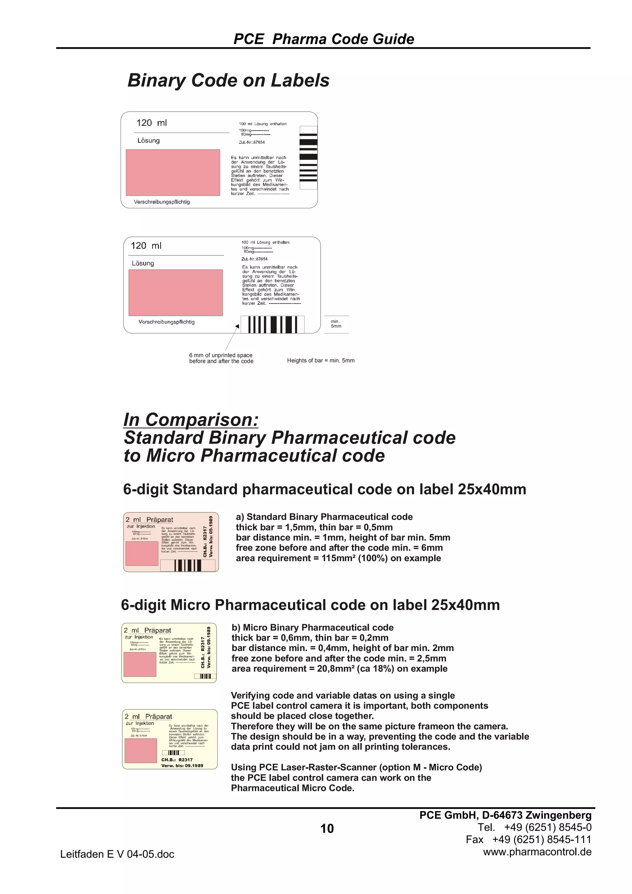 PCE Pharma Code Guide
10
Leitfaden E V 04-05.doc
PCE GmbH, D-64673 Zwingenberg
Tel. +49 (6251) 8545-0
Fax +49 (6251) 8545-111
www.pharmacontrol.de
Binary Code on Labels
6 mm of unprinted space
before and after the code Heights of bar = min. 5mm
min.
5mm
In Comparison:
Standard Binary Pharmaceutical code
to Micro Pharmaceutical code
6-digit Standard pharmaceutical code on label 25x40mm
a) Standard Binary Pharmaceutical code
thick bar = 1,5mm, thin bar = 0,5mm
bar distance min. = 1mm, height of bar min. 5mm
free zone before and after the code min. = 6mm
area requirement = 115mm² (100%) on example
CH.B.:R2317
Verw.bis:09.1989
CH.B.: R2317
Verw. bis: 09.1989
6-digit Micro Pharmaceutical code on label 25x40mm
b) Micro Binary Pharmaceutical code
thick bar = 0,6mm, thin bar = 0,2mm
bar distance min. = 0,4mm, height of bar min. 2mm
free zone before and after the code min. = 2,5mm
area requirement = 20,8mm² (ca 18%) on example
Verifying code and variable datas on using a single
PCE label control camera it is important, both components
should be placed close together.
Therefore they will be on the same picture frameon the camera.
The design should be in a way, preventing the code and the variable
data print could not jam on all printing tolerances.
Using PCE Laser-Raster-Scanner (option M - Micro Code)
the PCE label control camera can work on the
Pharmaceutical Micro Code.
 