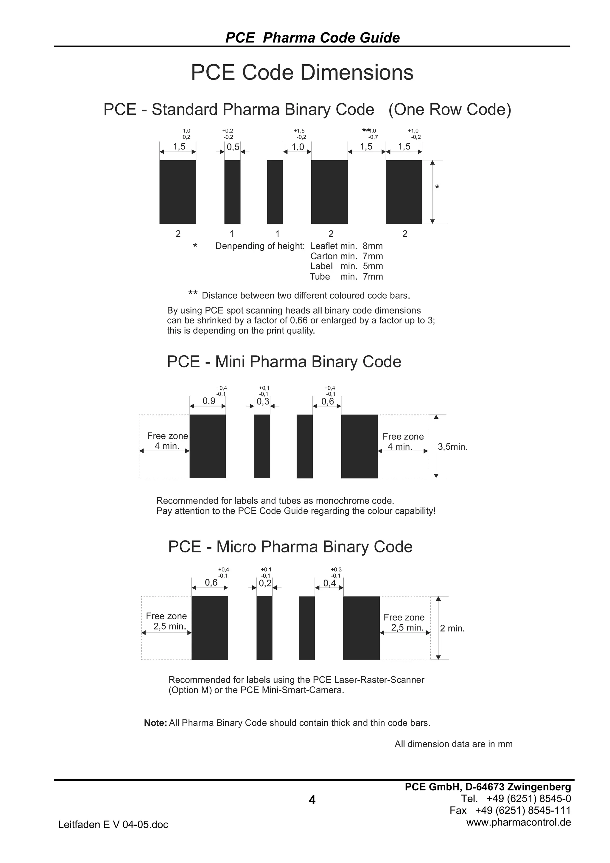 PCE Pharma Code Guide
4
Leitfaden E V 04-05.doc
PCE GmbH, D-64673 Zwingenberg
Tel. +49 (6251) 8545-0
Fax +49 (6251) 8545-111
www.pharmacontrol.de
PCE - Mini Pharma Binary Code
0,9 0,3 0,6
+0,4 +0,1 +0,4
-0,1 -0,1 -0,1
Free zone
4 min.
Free zone
4 min. 3,5min.
Recommended for labels and tubes as monochrome code.
Pay attention to the PCE Code Guide regarding the colour capability!
PCE - Standard Pharma Binary Code (One Row Code)
**
1,5 0,5 1,0 1,5 1,5
1,0 +0,2 +1,5 +1,0 +1,0
0,2 -0,2 -0,2 -0,7 -0,2
2 1 1 2 2
*
*
**
Denpending of height: Leaflet min. 8mm
Carton min. 7mm
Label min. 5mm
Tube min. 7mm
By using PCE spot scanning heads all binary code dimensions
can be shrinked by a factor of 0.66 or enlarged by a factor up to 3;
this is depending on the print quality.
Distance between two different coloured code bars.
All Pharma Binary Code should contain thick and thin code bars.Note:
0,6 0,2 0,4
+0,4 +0,1 +0,3
-0,1 -0,1 -0,1
2 min.
PCE - Micro Pharma Binary Code
0,6 0,2 0,4
+0,4 +0,1 +0,3
-0,1 -0,1 -0,1
Free zone
2,5 min.
Free zone
2,5 min. 2 min.
Recommended for labels using the PCE Laser-Raster-Scanner
(Option M) or the PCE Mini-Smart-Camera.
All dimension data are in mm
 