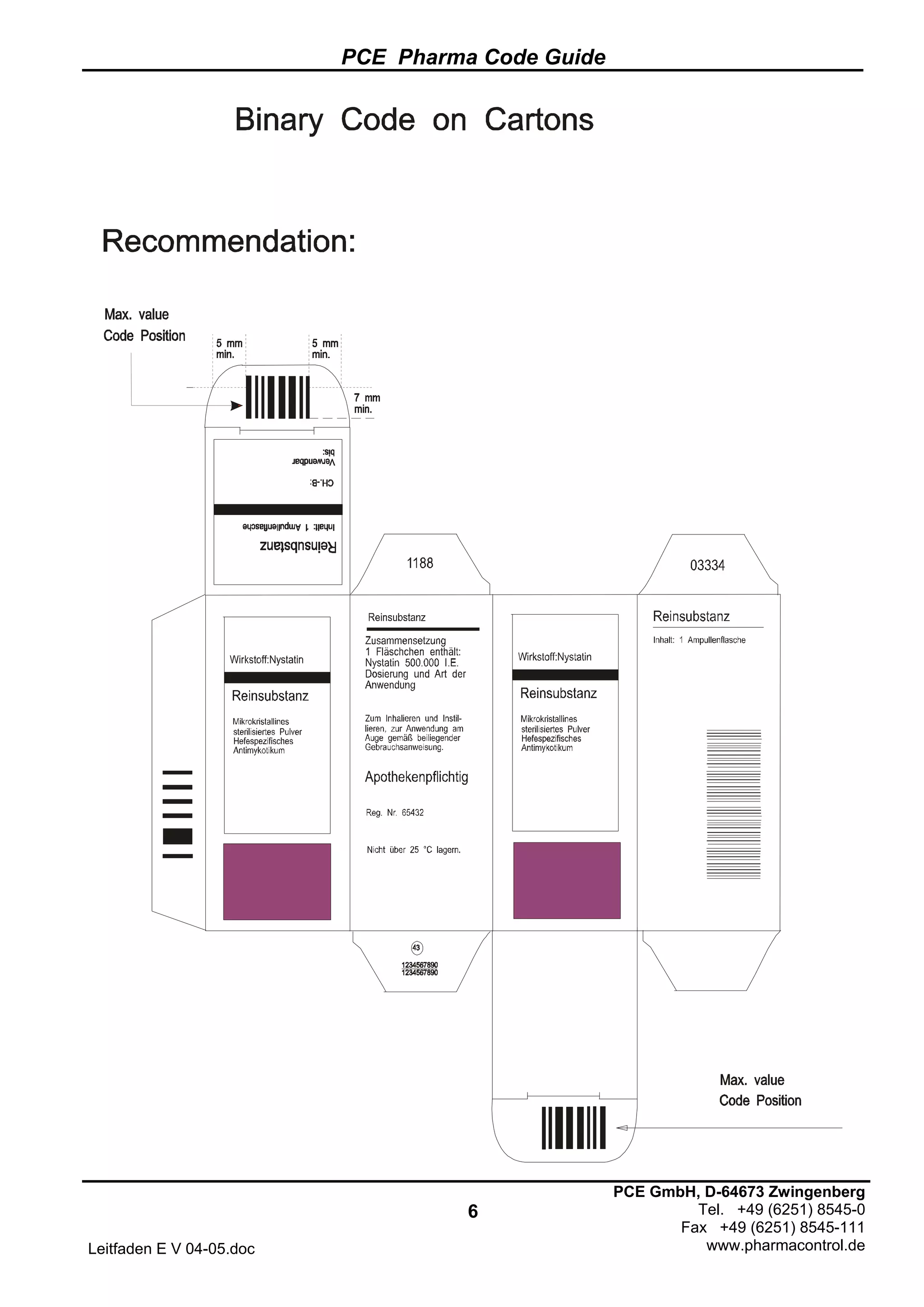 PCE Pharma Code Guide
6
Leitfaden E V 04-05.doc
PCE GmbH, D-64673 Zwingenberg
Tel. +49 (6251) 8545-0
Fax +49 (6251) 8545-111
www.pharmacontrol.de
 