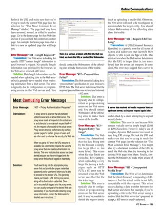 Online Communications


Recheck the URL and make sure that you’re                                                                    (such as uploading a smaller file). Otherwise,
trying to reach the correct Web page (see the                                                                the Web server will need to be reconfigured to
solution for “The Most Common Error                                                                          accommodate the larger entity. You should
Message” sidebar). The page itself may have                                                                  inform Webmasters of the offending sites
been renamed, moved, or added to another                                                                     about the trouble.
page. Go to the home page for that Web site
and see if you can find the content on another                                                               Error Message: “414 – Request URI Too
page. For example, the home page may offer a                                                                 Long”
link to a new or updated page that will help                                                                    Translation: A URI (Universal Resource
you.                                                                                                         Identifier) is a generic term for all types of
                                                                                                             names and addresses that identify Web
Error Message: “411 – Length Required”                  There is a serious problem with the URL that you     objects. A URL is just one type of URI. This
   Translation: The Web server is looking for           tried, so check the URL or contact the Webmaster.    error occurs when the Web server determines
specific HTTP “content length” information in                                                                that the URL is larger (that is, too many
your browser’s request. No specific length              should contact the Webmasters of the offend-         bytes) than the server can interpret. In some
information was provided by the browser, so             ing sites to make them aware of the trouble.         cases, this error may suggest that a server is
the Web server returned a 411 error.
   Solution: Data length information may be               Error Message: “412 – Precondition
needed when uploading data to the Web serv-               Failed”
er but is generally never needed when retriev-                Translation: The Web server is looking for a
ing information from a Web server. This error             “precondition” specification in your browser’s
is typically due to configuration or program-             HTTP data. The Web server determined that the
ming errors on the Web server end. You                    required precondition was not met and returned
                                                                              a 412 error.
                                                                                 Solution: This error is
 Most Confusing Error Message                                                 typically due to configu-
                                                                              ration or programming
 Error Message:        “407 – Proxy Authentication Required”                  errors on the Web server       A server has received an invalid response from an
                                                                              end. You should contact        upstream server, so try your request again later.
 Translation:           A proxy server is a server that sits between          Webmasters of the offend-
                       a Web browser and an actual Web server. The            ing sites to make them         under attack by a client attempting to exploit
                       proxy server reads all requests to the actual serv     aware of the trouble.          security holes.
                       er and attempts to service each request itself—if                                        Solution: This error is rare because Web
                       not, the request is forwarded to the actual server.     Error Message: “413 –         servers typically service ample length (2,048
                       Proxy servers improve performance by caching            Request Entity Too            or 4,096 characters). However, today’s use of
                       popular pages for certain groups of users and           Large”                        complex, dynamic Web content can result in
                       are often used to enhance the security of a Web site.      Translation: The Web       very long URL strings. Recheck the URL and
                                                                               server has determined         make sure that you’re trying to reach the
                       When you get a 407 error, the URL resource is           that the data being sent      correct Web page (see the solution for “The
                       available, but a connection requires the use of a       by the browser is simply      Most Common Error Message”). You might
                       proxy server that also needs authentication cre         too large (that is, too       also try a shortened variation of the URL to
                       dentials. This error indicates that access has been     many bytes). This occurs      reach the Web site, then try browsing to the
                       denied because you have not logged onto the             when file size limits are     desired Web page from there. Finally, con-
                       proxy server first or have logged on incorrectly.       exceeded. For example,        tact the Webmasters to make them aware of
                                                                               when uploading a very         the trouble.
 Solution:             You’ll need to log into the appropriate proxy           large file (using a tech-
                       server first and provide the proper credentials         nique such as HTTP            Error Message: “415 – Unsupported
                       (password and/or username) before you’re able           PUT), a 413 error may be      Media Type”
                       to proceed to the desired URL. This generally           returned when the Web           Translation: The Web server determines
                       means you’ll need a URL for the proxy server,           server sees that the file     that the client (browser) is requesting a URL
                       along with authentication credentials. Once             size is too large.            resource, but the actual media is not fully
                       you’re successfully logged onto the proxy server,          Solution: This error is    compatible with the request. This often
                       you can usually navigate to the desired Web site        typically due to configu-     occurs during a data transfer between the
                       successfully. If you have trouble obtaining proxy       ration or programming         Web server and client. For example, if you’re
                       server information, contact the Webmaster for           errors on the Web server      uploading a file to the Web server using a
                       detailed user instructions. ■                           end. It may be possible to    method that the Web server isn’t prepared to
                                                                               shrink the request entity     accept, a 415 error is usually returned.
                                                                                                                                            PC Errors • 125
 