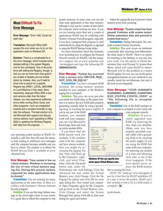 Windows XP (Home & Pro)


                                                   system resources. In some cases, you can just       Adjust the paging file size to prevent virtual
  Most Difficult To Fix                            close some applications to free more memory,      memory errors from occurring.
                                                   although it may just be a matter of time before
  Error Message                                    the computer starts running too slow. If you      Error Message: “System restart has been
                                                   are not running more than just a couple of        paused: Continue with system restart.
  Error Message: “Error 1402. Could not            applications, WinXP may be conflicting with       Delete restoration data and proceed to
  open key.”                                       Norton’s Personal Firewall program, especially    system boot menu.”
                                                   if you have configured that program to start         Translation: During hibernation, the com-
  Translation: Microsoft Office 2000               automatically by using the Registry as opposed    puter accessed memory incorrectly.
  causes this error when you try to run the        to using the WinXP Startup Group folder.             Solution: This error occurs on notebooks
  application suite on Windows XP.                    For more information about this Symantec       occasionally after returning from hibernation,
                                                   error (including how to configure the Personal    the sleep mode in WinXP. There’s no option
  Solution: There is a complicated fix to          Firewall correctly for WinXP), visit the compa-   for returning to the Desktop, so you may lose
  this error message, which involves some          ny’s support site at www.symantec.com             your work. Use the option to Delete Re-
  detailed editing in the system Registry          /techsupport and type the following ID:           storation Data And Proceed To System Boot
  (not for the uninitiated). One of the prob-      2000040412261536.                                 Menu, which will cause WinXP to reboot.
  lems with editing the Registry, though, is                                                         Microsoft will fix this problem in a future
  that you can do more harm than good if           Error Message: “System has recovered              WinXP update. For now you can set the power
  you enable or disable just one simple            from a serious error DRIVER_IRQL_                 management features on your notebook to use
  option by mistake. Also, you’ll need to          NOT_LESS_OR_EQUAL”                                standby mode but not hibernate, but only if
  know how to search for a specific                   Translation: You have corrupted RAM            the error occurs frequently.
  Registry key (HKEY_LOCAL_MACHINE                 installed, the wrong memory modules
  on Local Machine in this case). More             installed for your computer, or the Windows Error Message: “STOP: 0x00000074
  importantly, beacuse Office 2000 is sev-         paging file is corrupted.                         (0x00000003, 0x00000002, 0x80087000)
  eral versions older than the latest                 Solution: This error can occur just after BAD_SYSTEM_CONFIG_INFO” or
  release, you may experience additional           you install new RAM chips, so the easiest solu- “The following file is corrupted:
  errors while running Word, Excel, and            tion is to remove the new RAM (after properly toside.sys”
  other programs—such as unexpected                grounding yourself, either by using a ground-        Translation: One of the RAM modules on
  crashes and a constant reminder to reg-          ing strap or touching the power supply). If your computer is corrupted or won’t work with
  ister the software. The best solution is to      you’re not sure if the RAM                                           your computer correctly.
  call Microsoft tech support and discuss          modules you installed                                                   Solution: If you re-
  various options, such upgrading to Office        work with your computer,                                             cently upgraded your
  2003 or updating the Windows Registry            you can visit Microsoft’s                                            RAM, try removing the
  with help from the engineer. ■                   Knowledge Base and look                                              new chips you installed.
                                                   up article number 65416.                                             (Make sure you have
                                                      If you know that the                                              properly grounded your-
core operating system function in WinXP. It’s      RAM should work (for                                                 self, either with a ground-
actually a code flaw that will cause the memo-     example, if the modules                                              ing strap or by touching
ry leak, leading to additional error messages      came with the computer                                               the power supply.) If you
until the computer becomes unstable and you        and have always worked),                                             are using the RAM that
have to reboot. The solution is to obtain the      then you might try in-                                               came with your computer,
WinXP Service Pack 1, available at www             creasing the paging file                                             try removing one module
.microsoft.com.                                    size. First, click Start, go                                         at a time and rebooting
                                                   to My Computer, right-                                               each time to see if the
                                                                                  Windows XP lets you specify how
Error Message: “Your system is low on              click, and select Prop-                                              error reappears. If the
                                                                                  much space Virtual Memory uses.
virtual memory. Windows is increasing              erties. Click the Advanced                                           error doesn’t occur, re-
the size of your virtual memory pag-               button and, under the                                                place the RAM module
ing file. During this process memory               Performance tab, click Settings. Click the that is causing the error.
requested for some applications may                Advanced tab and, under the Virtual                  (NOTE: The “toside.sys” error only appears if
be denied.”                                        Memory area, click Change. Click the No you try to boot from the WinXP installation CD
    Translation: You are running too many          Paging File option and click OK for each as a way to correct the problem. WinXP won’t
applications at the same time, or there is a       open dialog box. Now restart your comput- boot normally or from a CD if a RAM module is
conflict with Symantec’s Norton Internet           er. Open Properties again for My Computer corrupted.) RS
Security program.                                  and go back to the Virtual Memory area.
    Solution: If you see this large balloon mes-   Click Change and select the System by John Brandon
sage in the lower-right corner of your screen,     Managed Size option. Click OK to close each
it’s a good idea to reboot the computer to free    dialog box again and restart.
                                                                                                                                     PC Errors • 41
 